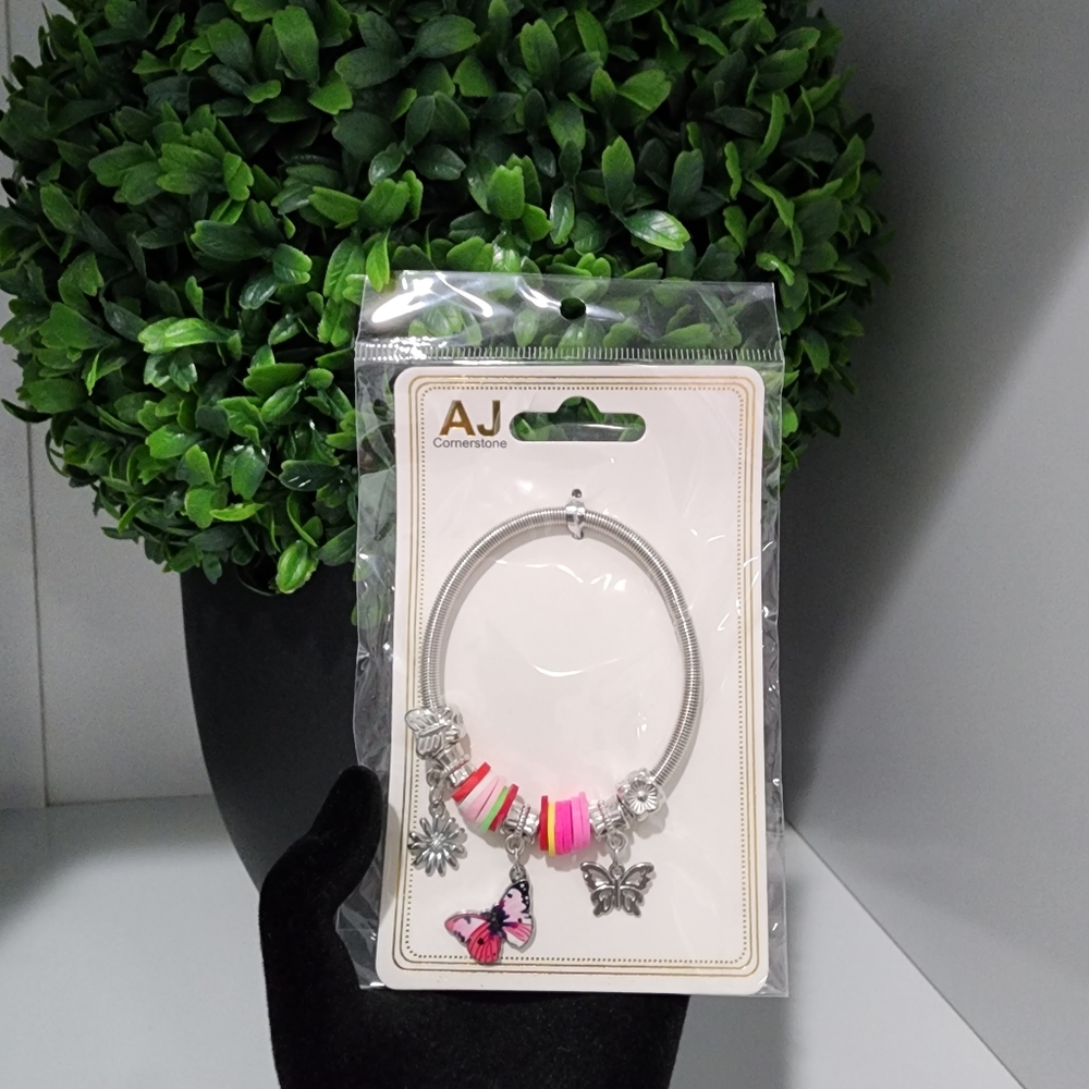 NWT Silver-tone Stretch Bracelet With Pink Butterfly